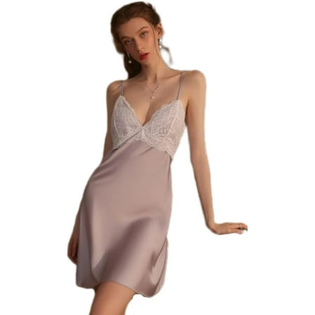QIUYI Satin Lingerie for Women Lace Chemises Nightgown Sexy Sleepwear Silk Nightdress Nightwear Babydoll Teddy Dress