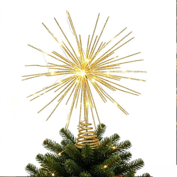 Star Christmas Tree Topper, 10" Gold Glittered Metal Tree Topper Star for Indoor Christmas Tree Decorations Holiday Seasonal Decor