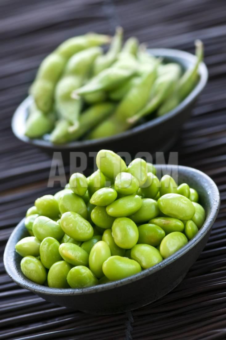 Edamame Soy Beans Shelled and with Pods in Bowls Print Wall Art By