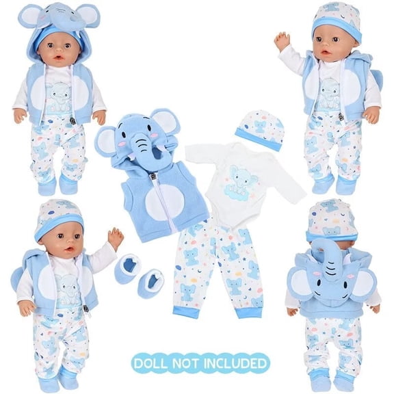 AmaMary 5 pcs 18 inch Doll Clothes, Blue Elephant Cotton Plush Fall Winter Outfit Set for Girls – Jacket, Pants, Long Sleeve, Hat, Socks – Birthday Gift