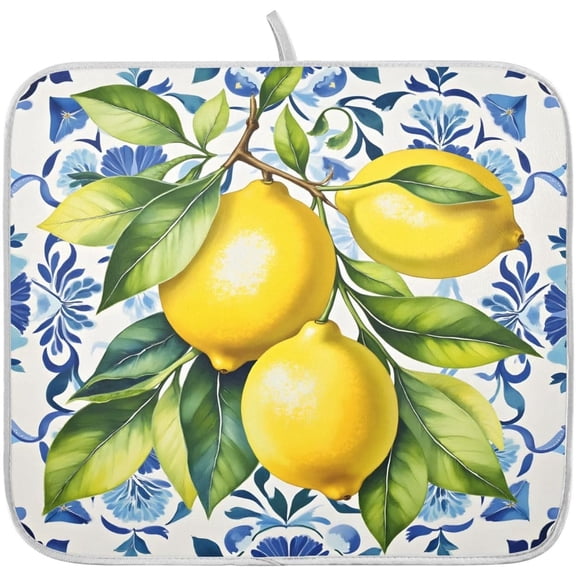 Lemon Italian Tile Blue E Dish Drying Mats for Kitchen Counter Absorbent Microfiber Dish Drying Matt 16 x 18 Inch Draining Reusable Rack Pad