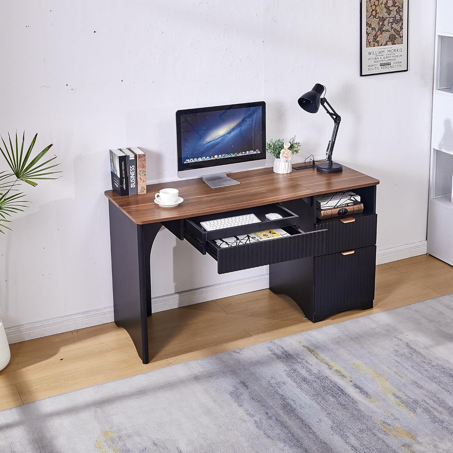 55" Computer Desk with Keyboard Tray, Modern Office Desk with Power Outlets, 2-in-1 Main Drawer & Adjustable File Drawer, Fluted Design Home Office Desk (Walnut with Black)