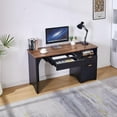 thumbnail image 2 of 55" Computer Desk with Keyboard Tray, Modern Office Desk with Power Outlets, 2-in-1 Main Drawer & Adjustable File Drawer, Fluted Design Home Office Desk (Walnut with Black), 2 of 7