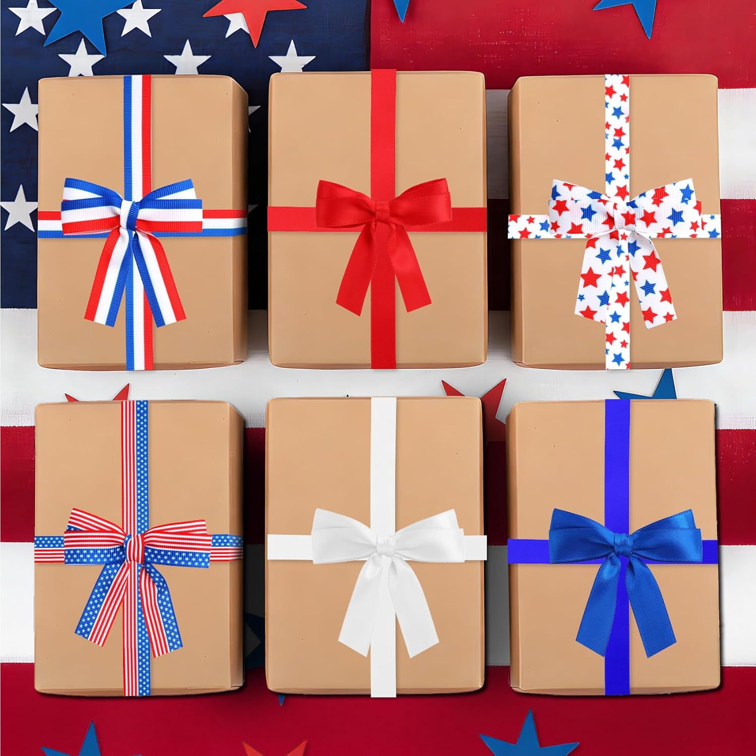 Patriotic Ribbon 4th of July 6 Rolls 60 Yards Red White and Blue Satin Ribbons 3/8 Inch Stars Stripes Grosgrain for Gift Wrapping Memorial Day Crafts Bouquet Hair Bows Making