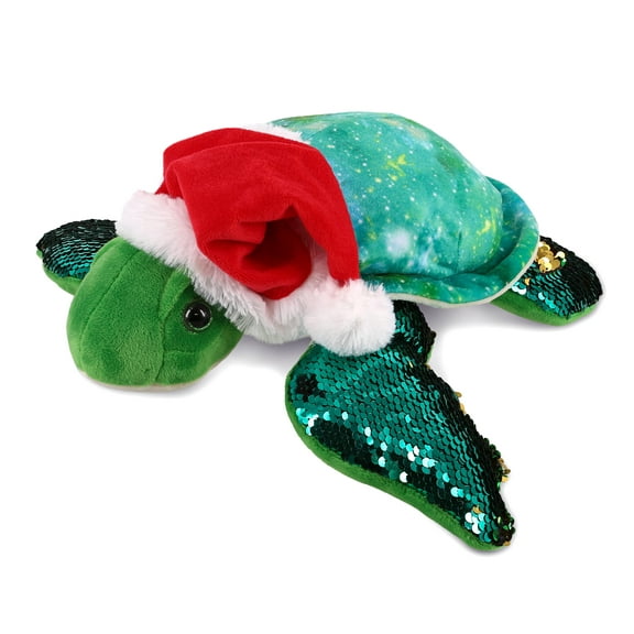 DolliBu Santa Sea Turtle Stuffed Animal Plush Toy - Space Sequin Plush Turtle Animal Dress Up with Red Santa Claus Hat, Cute Ocean Life Christmas Holiday Gift - 12.5 Inch