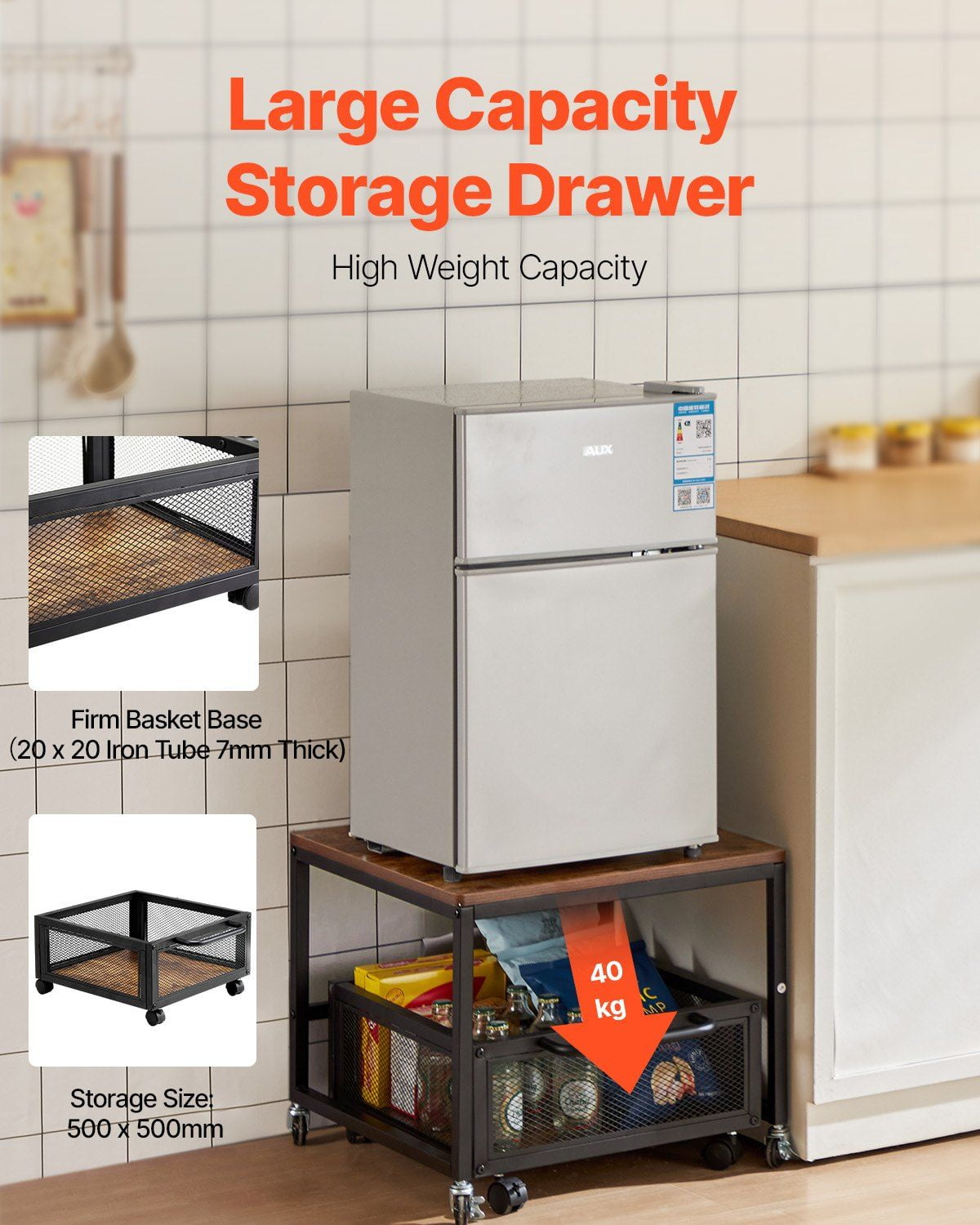 Mini Fridge Stand with  198lbs Cart & Swivel Wheels Light Brown