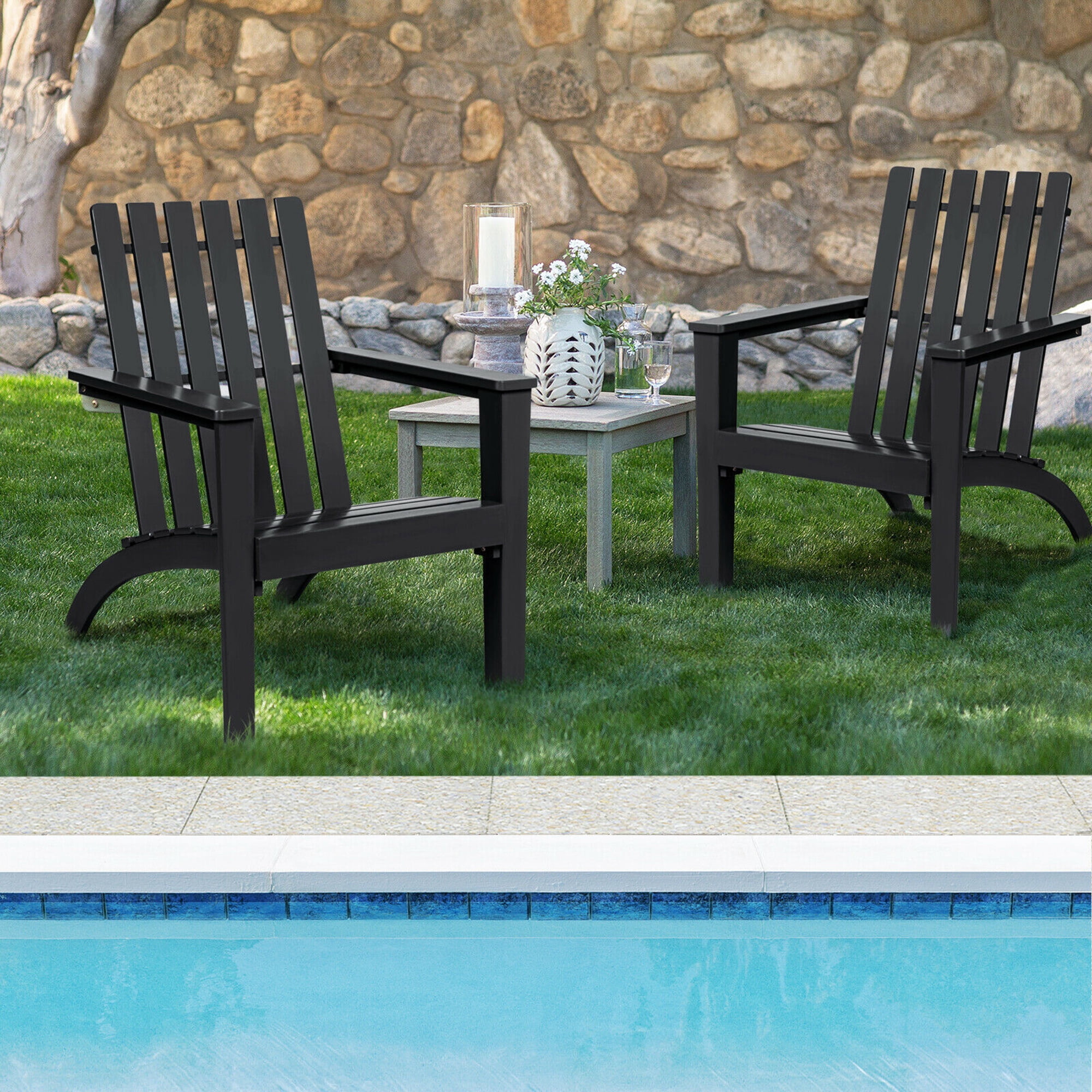 Gymax Set of 2 Outdoor Wooden Adirondack Chair Patio Lounge Chair w/ Armrest Black