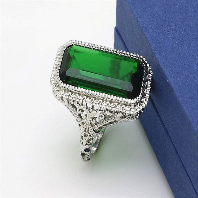 Faux Gemstone Ring Simple Luxury Carved Flower Band Ring Rectangular Imitation Amethyst Princess Ring
