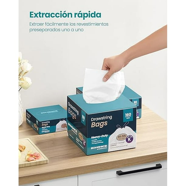 SONGMICS Bolsas de Basura, 50 L Bolsas de Basura con Cordones, Juego de 160, Código K, Blanco Crema