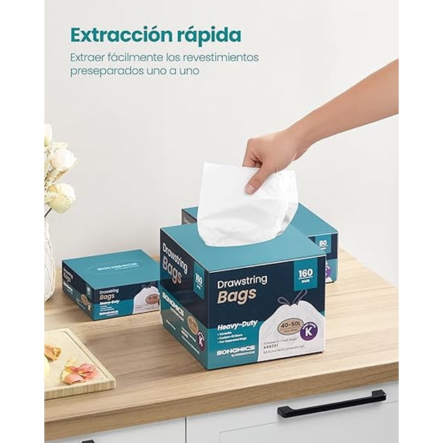 SONGMICS Bolsas de Basura, 50 L Bolsas de Basura con Cordones, Juego de 160, Código K, Blanco Crema
