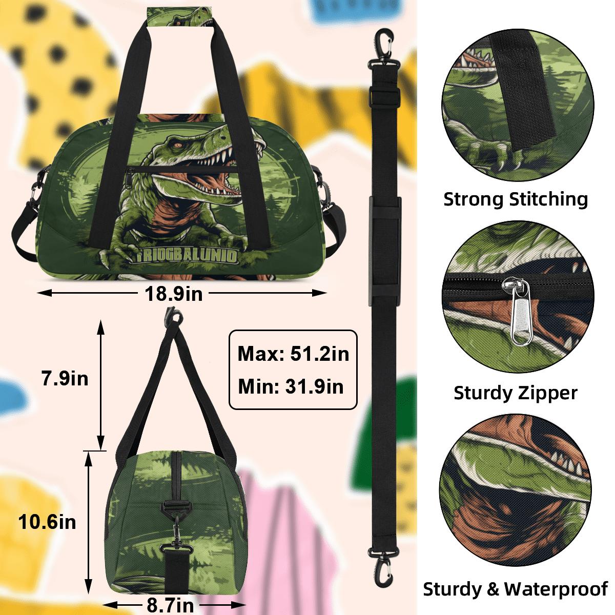 Herdesigns Dinosaur Sports Duffle Bag for Women & Men, Gym Bag Dance Bag Overnight Bag Carry On Weekender Travel Bag