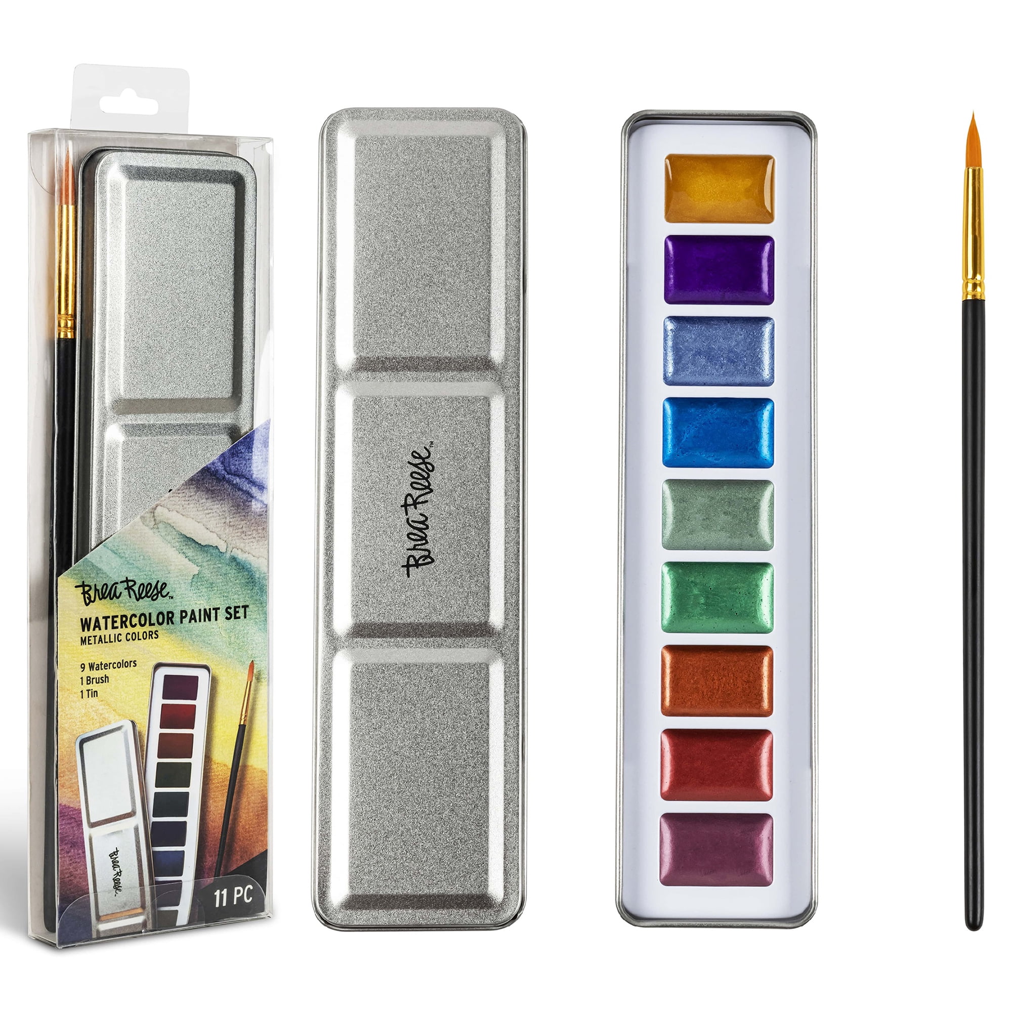 Brea Reese: Watercolor Paint Set - Metallic - 9pc Shimmering Colors, Gold Taklon Painting Brush & Compact Portable Tin, Blend-able, Adult Art Supplies