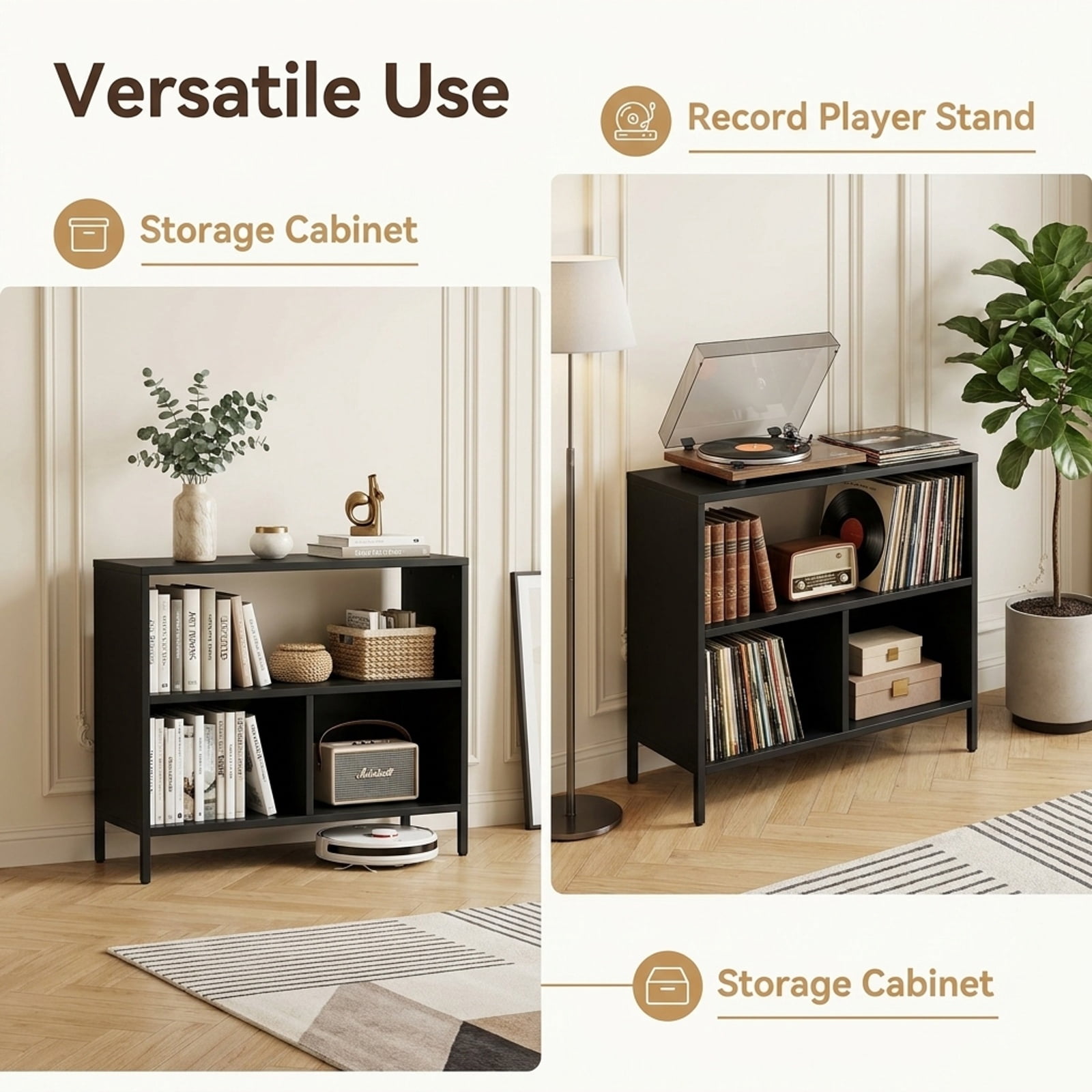 Furnibear Record Player Stand with Power Outlets USB Type-C Ports and Vinyl Storage Holder for up to 250 Albums Cabinet, Black