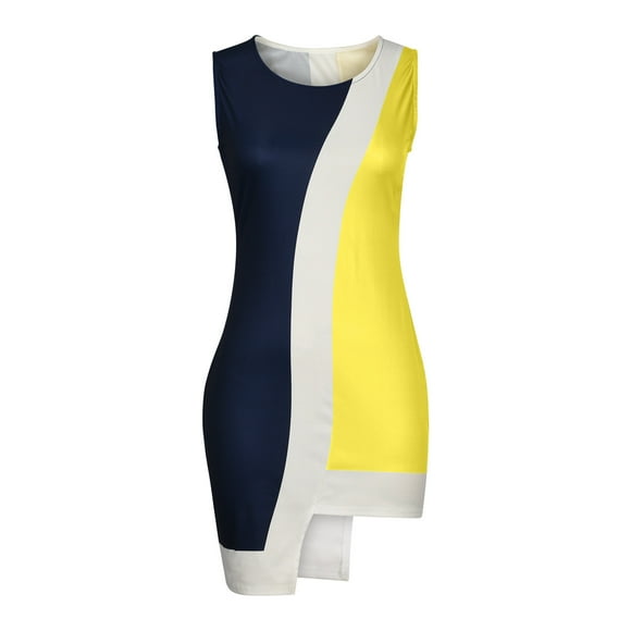 HKEJIAOI Cocktail Dresses Birthday Present Women's Summer Fashion Round Neck Short Sleeve Irregular Contrasting Sexy Dress Yellow Discount Clearance