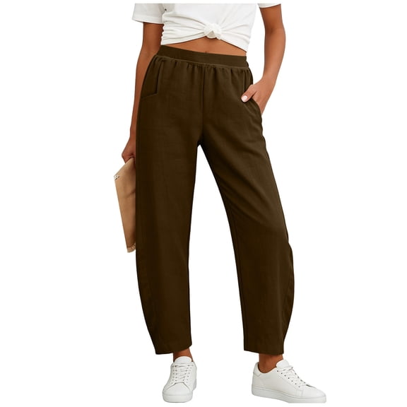 LNWUY Womens Barrel Pants High Elastic Waisted Summer Fashion Solid Color Capri Pants Loose Fit Casual Wide Leg Trousers Brown S