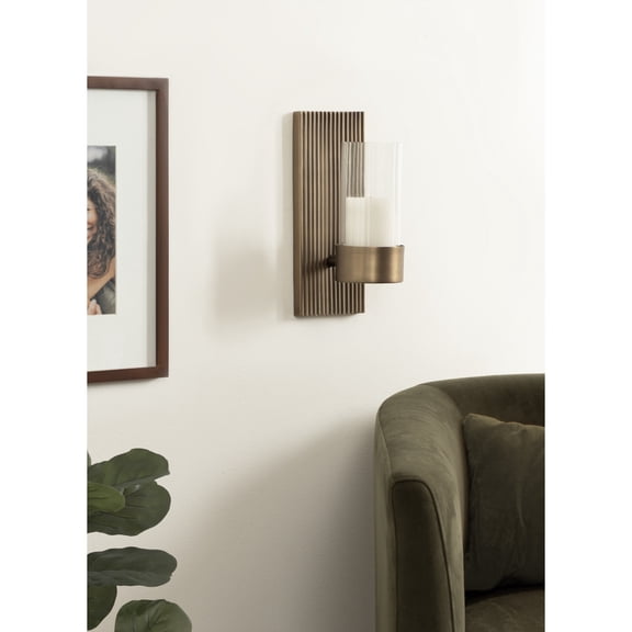Kate and Laurel Rooks Modern Ribbed Metal Wall Sconce, 5 x 6 x 12, Antique Brass, Rectangular Wall Candle Holder with Removable Glass Cylinder for Flameless Candle Display in Bedroom or Bathroom