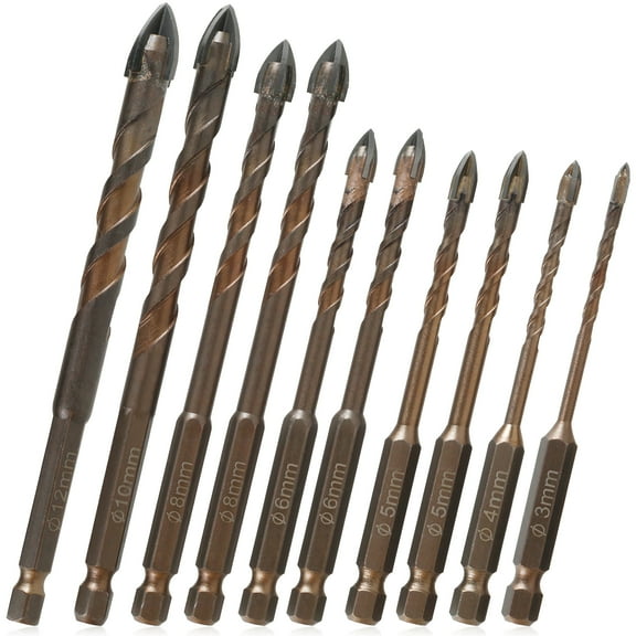 10Pcs Concrete Drill Bit Set Alloy Masonry Drill Bit Set 1/4inch Hex Shank Cement Drill Bit Professional Cross 4 Edged Ceramic Tile Drill Bit Kit 7 Size 1/8 to 1/2inch for Glass Wood