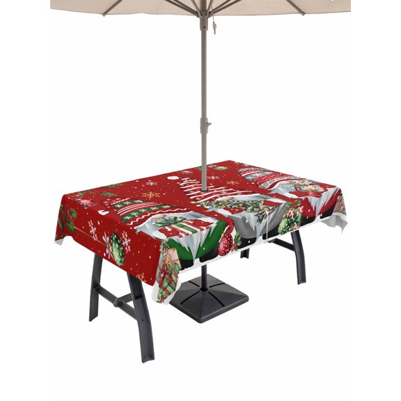 Outdoor Tablecloth with Umbrella Hole and Zipper, Red Gnomes Christmas Rectangle Table Cloth 60x120 Inch Waterproof Tablecloth, Xmas Ball Gifts Snowflake Picnic Table Cover for Patio Camping