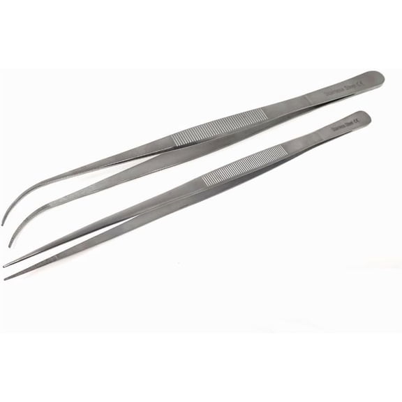 Professional Chef Kitchen Tweezers Stainless Steel Food Tongs Straight Curved Serrated Tips 12" Long Reach Tweezers Sea Food, BBQ, Plating Home Use