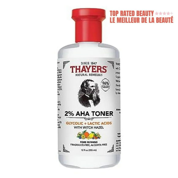 Tonique exfoliant 2% AHA avec acide glycolique, acide lactique et hamamélis, soin lissant et affinant les pores pour tous les types de peau, 355 ML