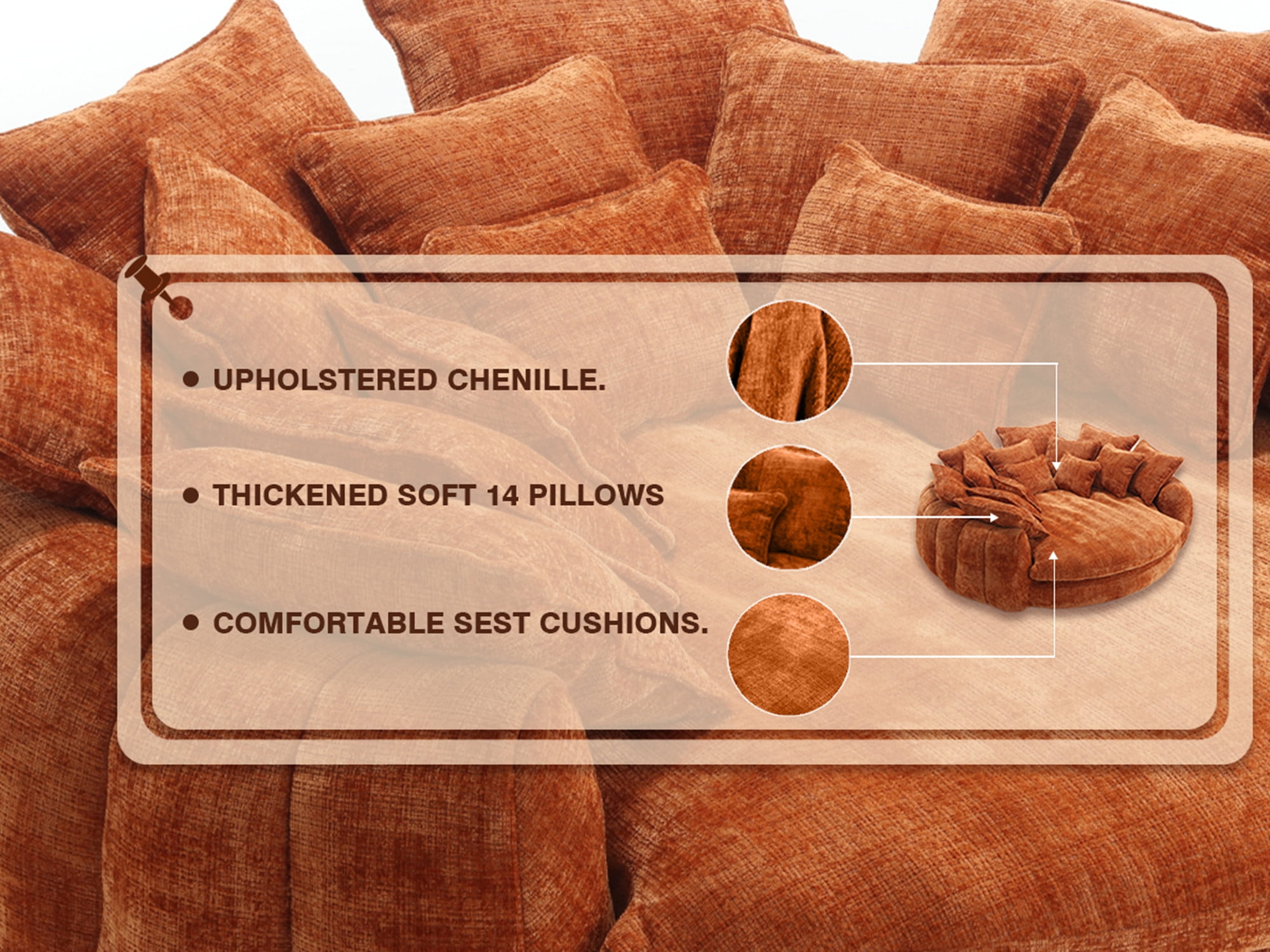 REHOUSING Chenille High Back Oversized and Padded Sofa Bed with 14 Removable Pillows, Orange