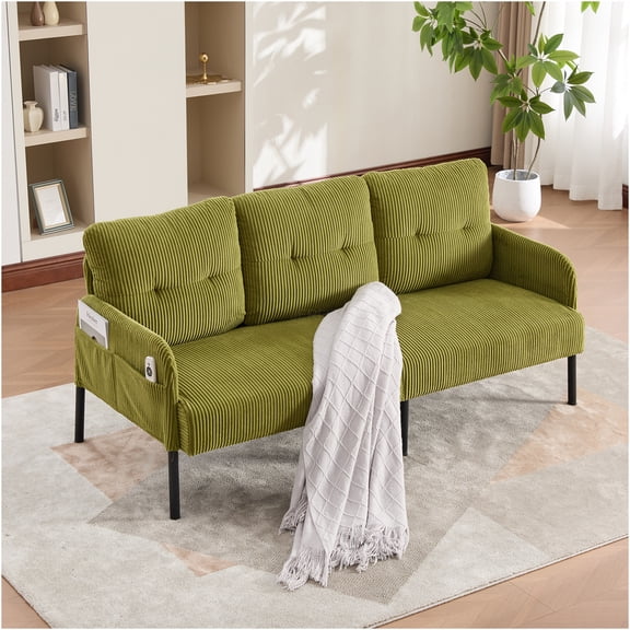 JERFIT Olive Green Corduroy Loveseat Sofa with Side Pockets, Modern Plush 2-Seater Couch with Sturdy Metal Legs for Small Space, Living Room, Apartment, Dorm