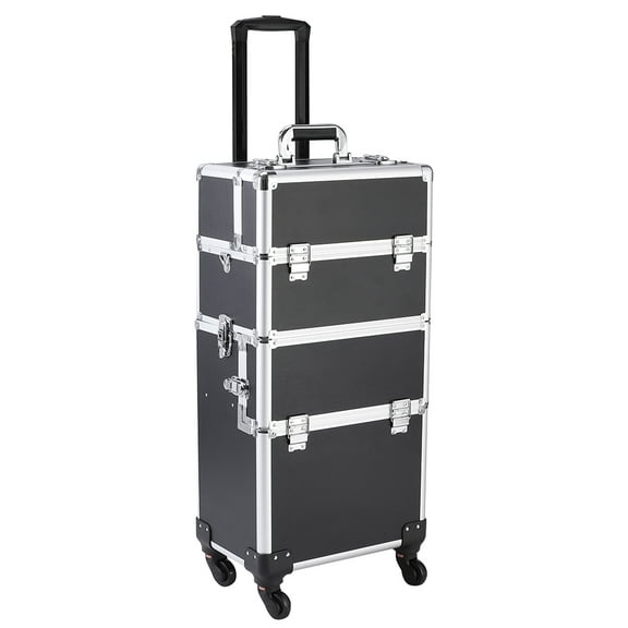 3 in 1 Professional Rolling Trolley Makeup Train Case, 14" x 9.5" x 28" Artist Aluminum Beauty Makeup Case Organizer w/Lockable Keys Shoulder Strap, Tattoo Box with 4 Removable Travel Wheels, S13411