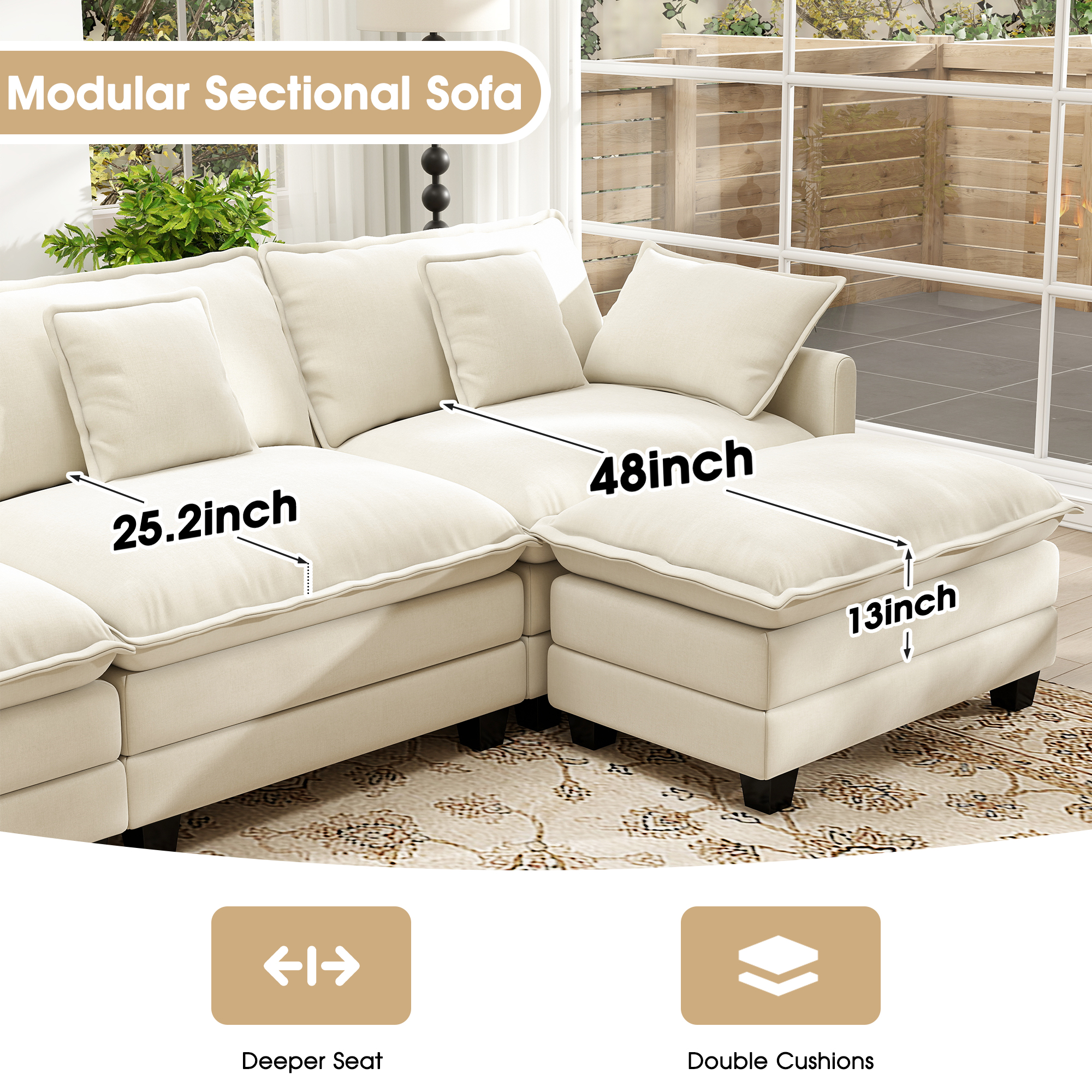 BedLuxury 111.5 in U-Shaped Modular Sectional Sofa, Beige photo 5