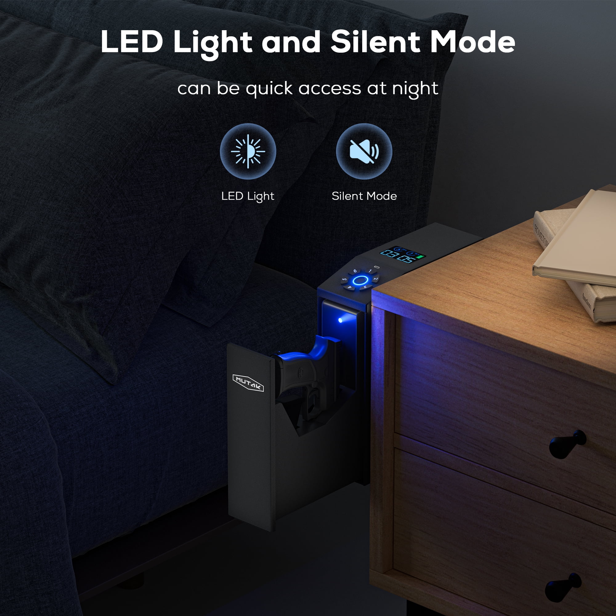 MUTAK Biometric Gun Safe for Handgun with LCD Screen for Nightstand, Desk, Bed Side,Truck - Auto Sliding Door Hand Gun Safe for Pistol with APP/Fingerprint/PIN Code/KEY