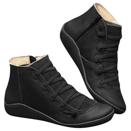 

Dezsed Women s Low-heeled Ankle Boots Clearance Women Casual Flat Leather Retro Lace-Up Boots Side Zipper Plus Shoe Boots Black