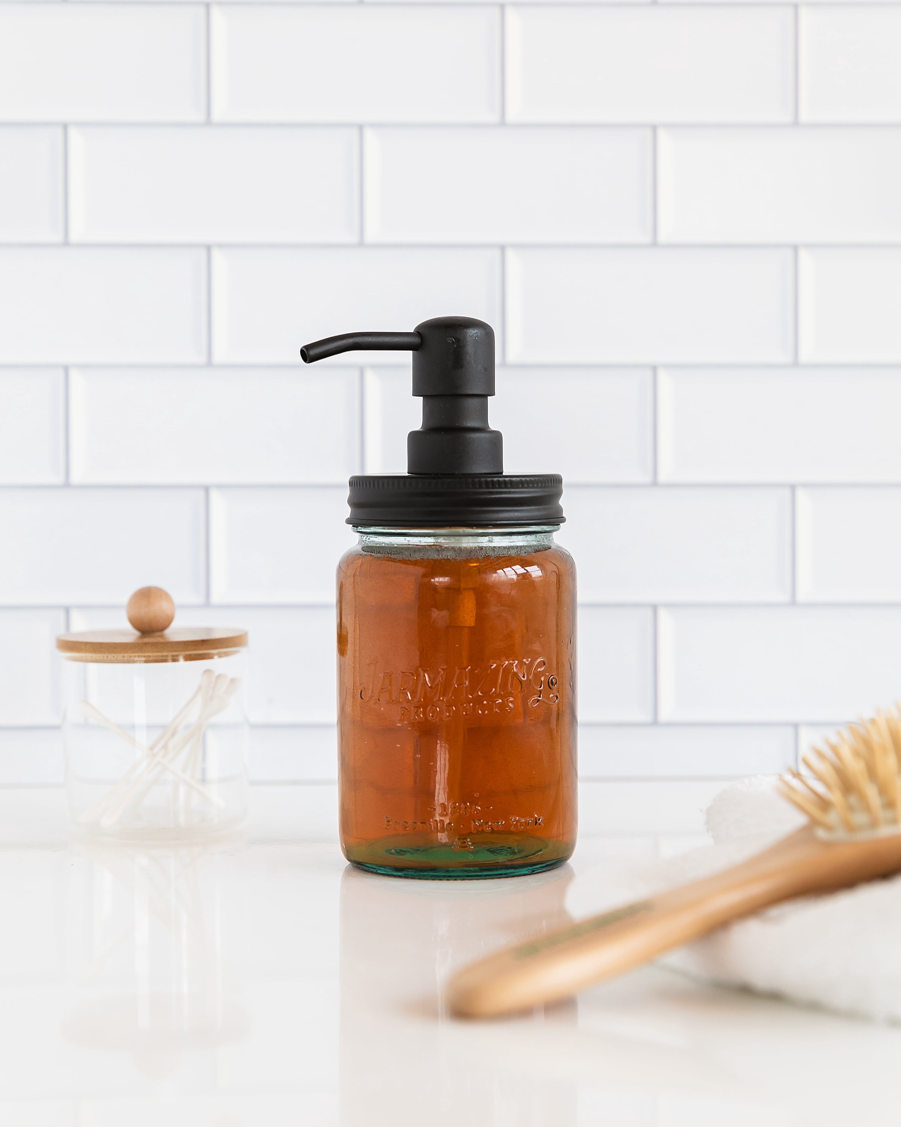 Jarmazing Products Vintage Blue Glass Mason Jar Soap and Lotion Dispenser - Two-Pack - Black