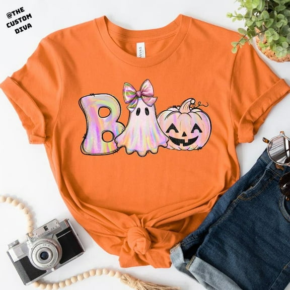 Boo Halloween Shirt, Iridescent Ghost Pumpkin Shirt, Pastel Halloween Shirt, Halloween Shirt, Pink Ghost Halloween Shirt, ghost shirt 160635