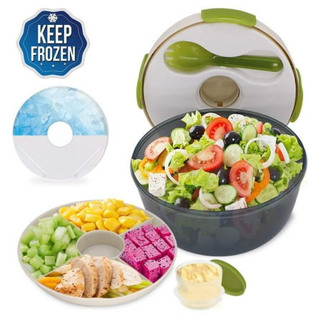 Ice Container Assembly - CHAUDER Reusable Salad Container To Go for Lunch with Dressing Dispenser and Ice Pack, 5 Cup Large Capacity Mixing Bowl, PVC, BPA-Free, FDA Passed, Perfect for Women, Men, Kids, With Fork