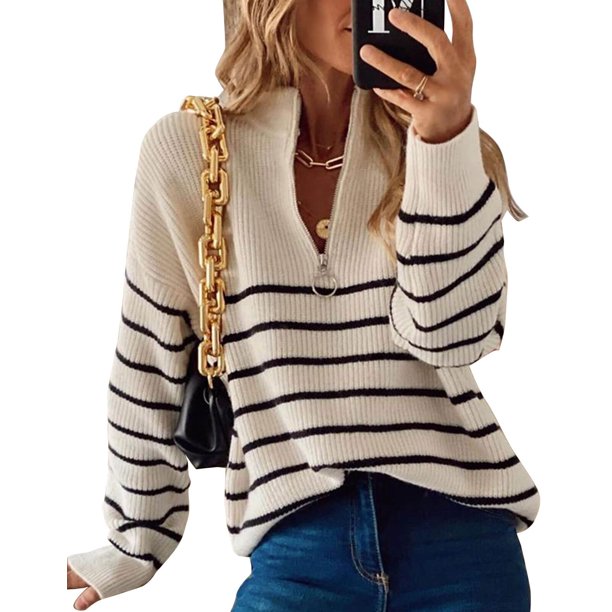 Lapel Zipper Striped Pullover Sweater main image 1