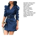 thumbnail image 7 of Spring Women Dress V Neck Belted Waist Smooth Faux Leather Long Bubble Sleeves Solid Color Commuting Shopping Office Mini Dress, 7 of 7