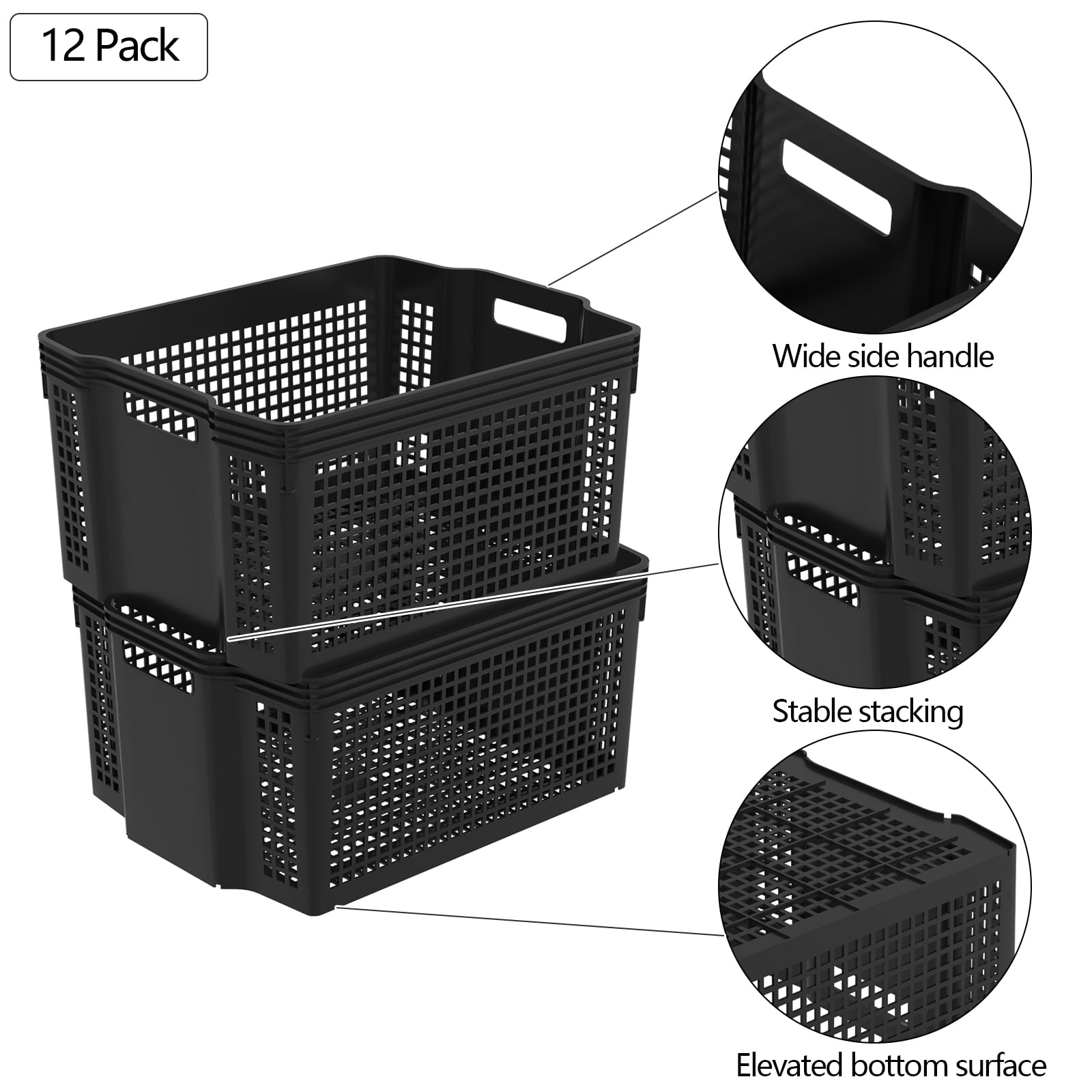Qqbine 12 Packs Plastic Stackable Storage Baskets, Large Storage Plastic Basket, Black