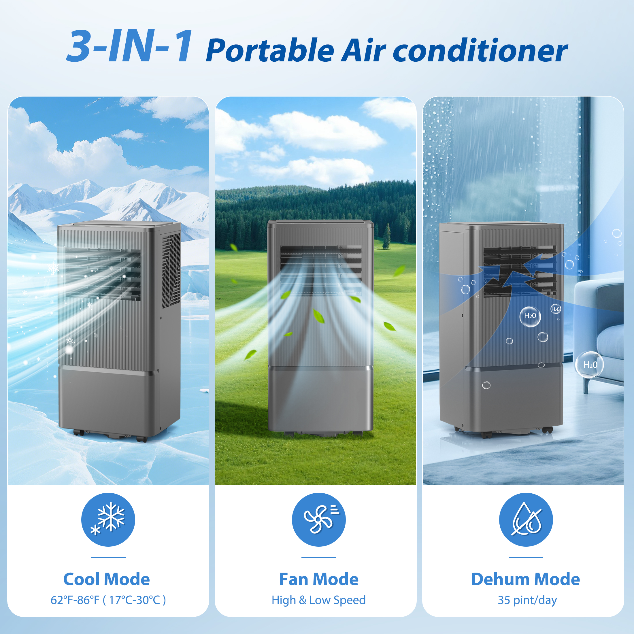 Portable Air Conditioner 10,000 BTU (ASHRAE) for Room Up to 450 Sq.Ft - 3-in-1 AC, Dehumidifier & Fan - Remote, 24H Timer, Window Kit - Home & Office