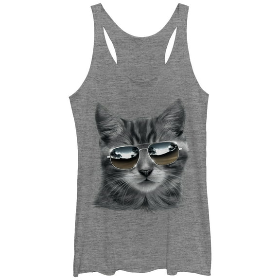 Women's Lost Gods Cat in Aviator Sunglasses Racerback Tank Top Gray Heather Small