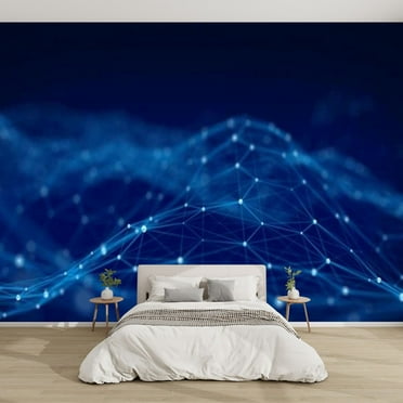 Modern Wallpaper Murals 3D Blue wave conection dots lines Abstract Science 3d rendering Peel and Stick Removable Self-Adhesive PVC Wall Stickers for Nursery Kids Bedroom TV Wall Decor
