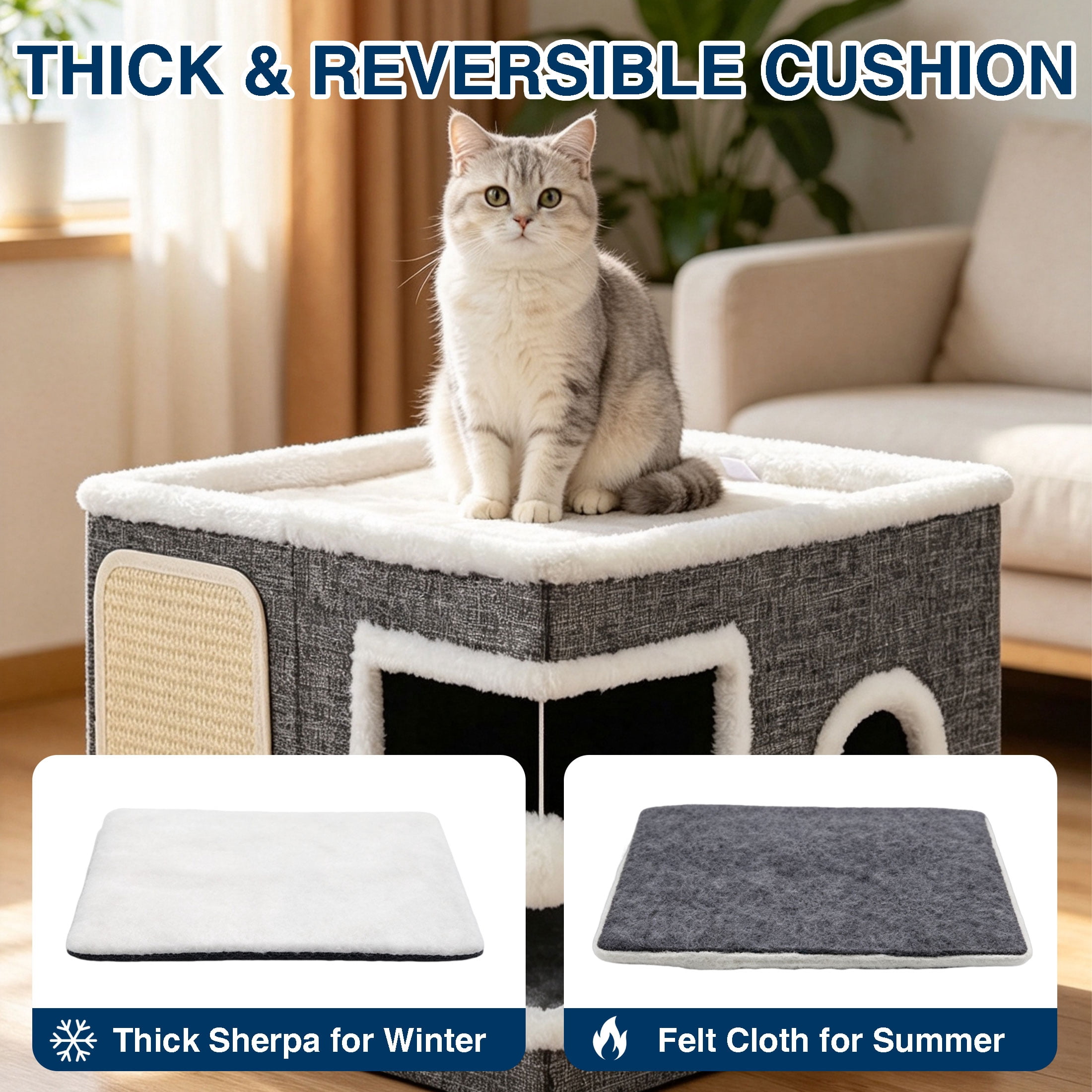 GARITIN Cat Cube House with Sisal Scratcher, Plush Cat Bed & Dangling Toy Ball for Indoor Cats