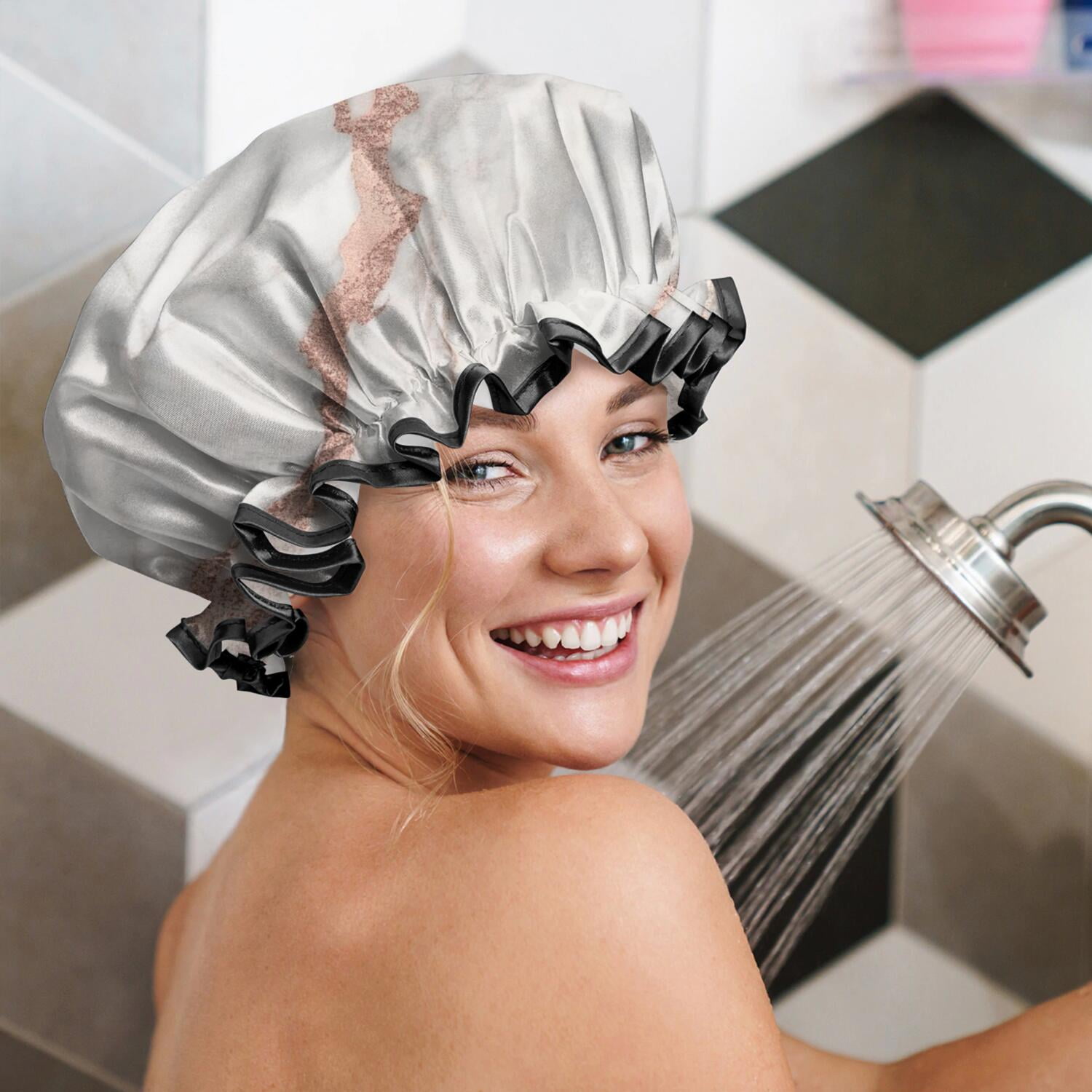 Shower Caps,White Marble Rose Gold Line Pattern Waterproof Shower Cap for Women 4 Pieces,Double Reusable Hair Cover for Shower PEVA Elastic Stretch Hem