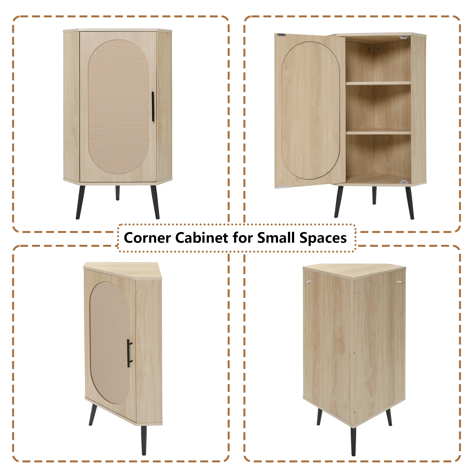 HIUU Small Corner Cabinet with Rattan Doors,Slim Bathroom Storage Cabinet,Freestanding Corner Table with Storage(Natural)