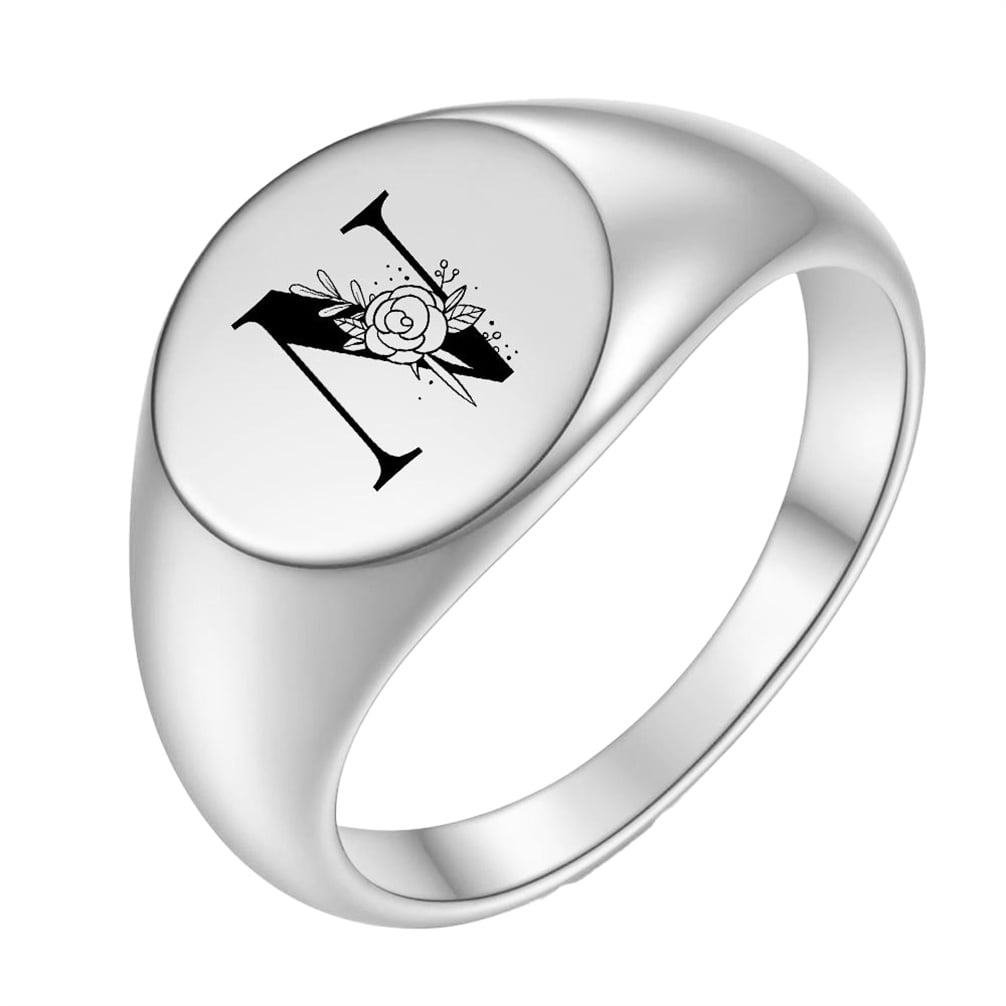 HIRPLIS Cursive Initial Rings for Women Men Rose Flower Letter Alphabet Signet Stainless Steel Oval Engraved Elegant Simple Dainty Personalized Gift Jewelry Silver N 7
