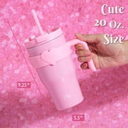 Paris Hilton 20 oz Double-Wall Insulated Tumbler, Includes 2-in-1 Lid & Removable Straw, Removable Heart-Detail Handle, Pink
