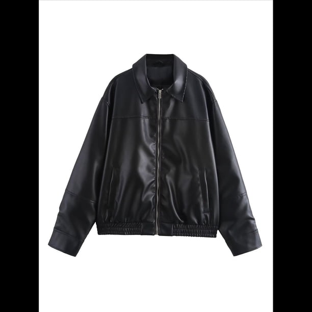 Chaquetas de para Mujer, Abrigos de Motociclista de Imitación de Gran Tamaño, Ropa de Moda para Otoño Negro L