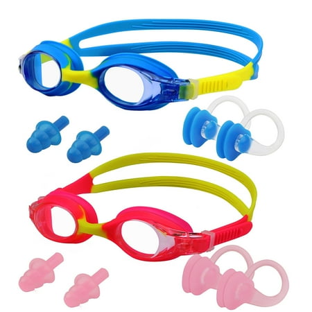 IPOW 2-Pack Kids Swimming Goggles Anti-Fog Kids Goggle Glasses No Leaking Water Goggles Mask for Kids Girls Boys Children Youth with Ear Plugs and Nose Clips, Blue & Pink