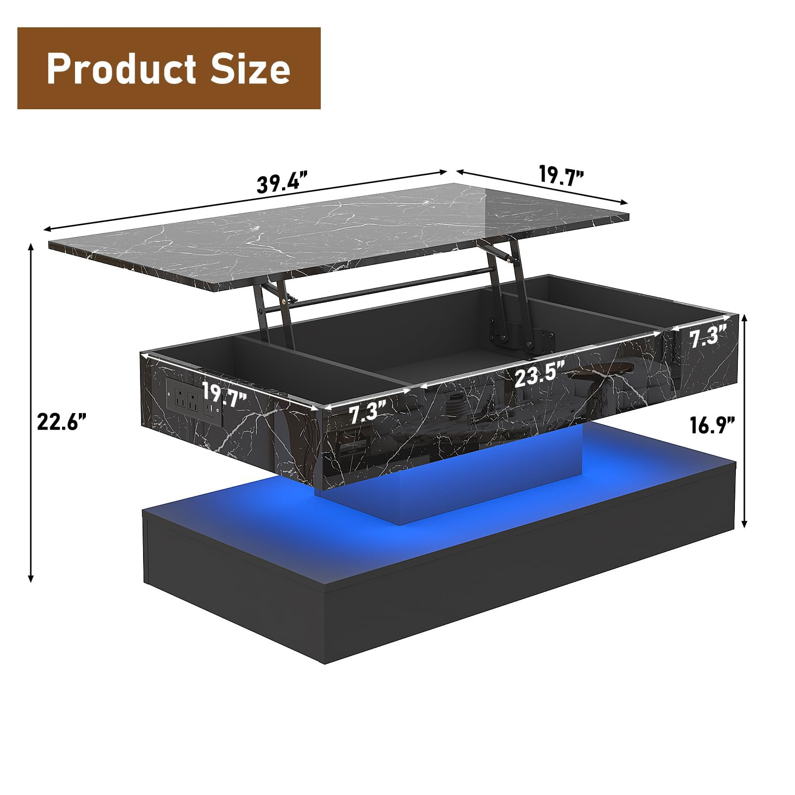 ChVans 39.4" Large Lift Top Coffee Table with Charging Station & LED Lights, Black High Glossy LED Coffee Table with Hidden Compartment Storage, Modern Living Room Tables