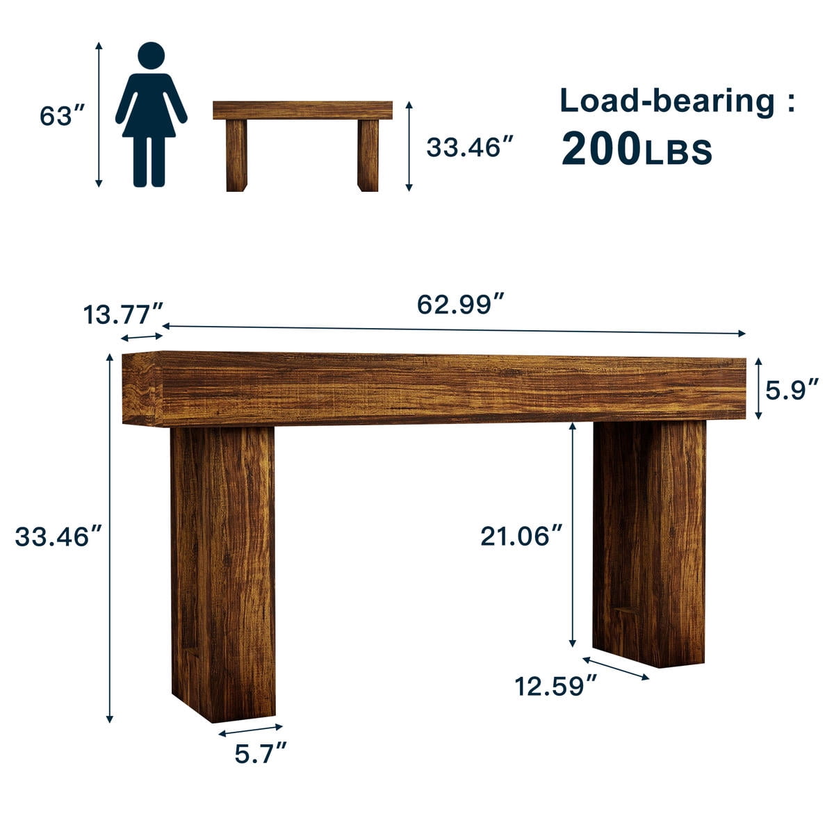 Topcobe 63-Inch Console Table, Farmhouse Wooden Sofa Table Entryway Table, Modern Furniture for Indoor, Living Room, Brown