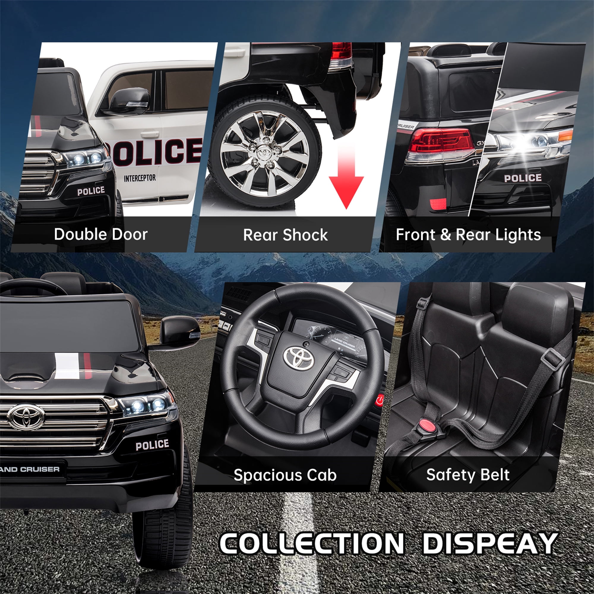 12V Licensed Toyota Land Cruiser 2-Seater Electric SUV Police Car with Remote, 2 Motors, 3 Speeds