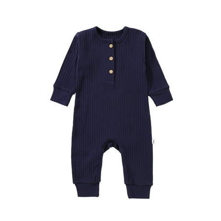 

Glonme Infant Romper Long Sleeve Jumpsuit One Piece Bodysuit Travel Cute Playsuit Plain Buttons Dark Blue 90